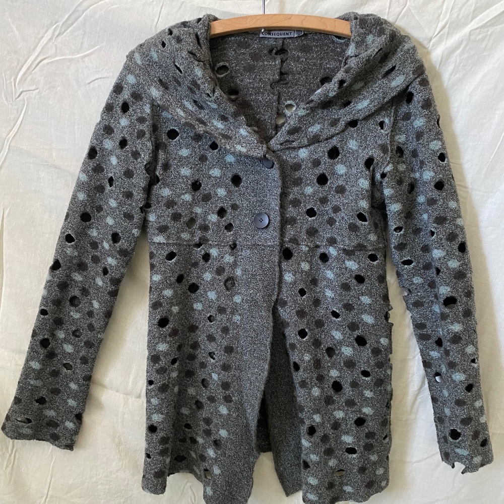 Unique Grey & Blue Boiled Wool Polka Dot Cardigan with Cutout Holes